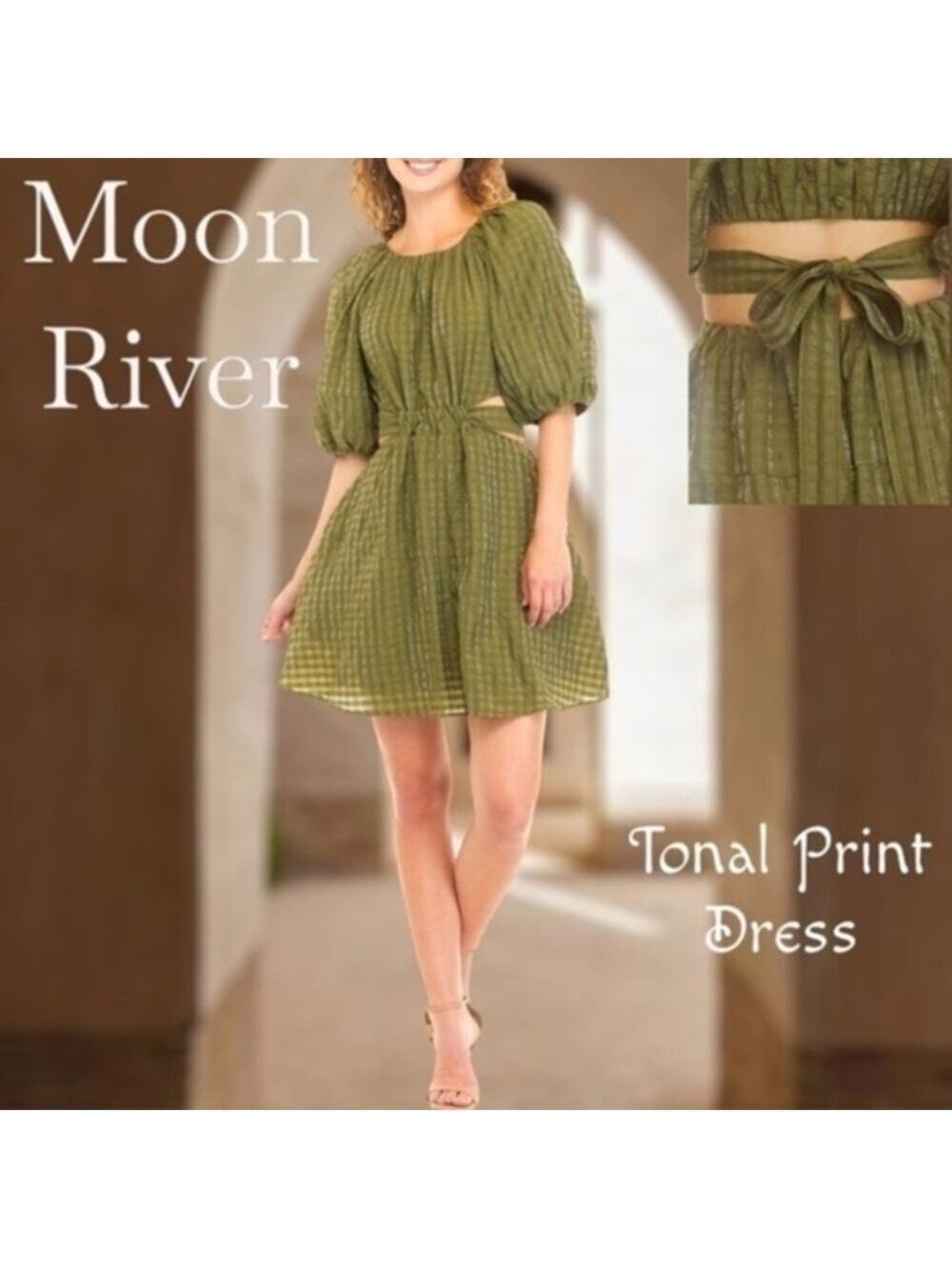 MOON RIVER Tonal Plaid Print Open Waist w/Tie Puff Sleeve MiniDress/NWT-Lg